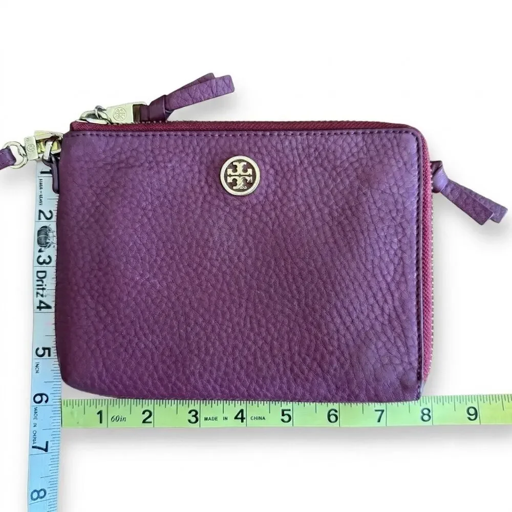 Tory Burch burgundy pebbled, leather large wristlet wallet zip clutch 6 x 8 GHW